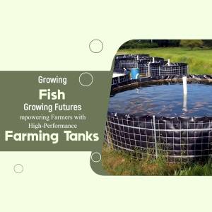 Image of fish farming tanks with text overlay promoting 'Growing Fish, Growing Futures'