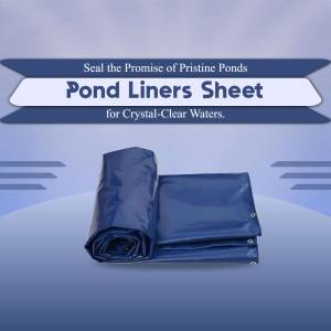 Blue pond liner sheet rolled up, advertising for pristine ponds
