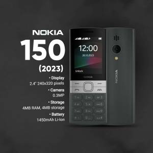Black Nokia 150 (2023) mobile phone with display showing time and date