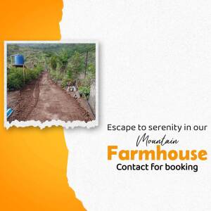 A dirt road leading to a farmhouse with a mountain view, promoting a booking opportunity.