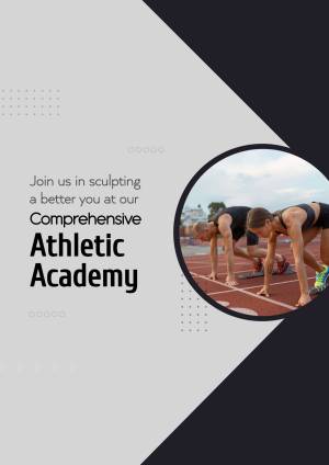 Athletes at the starting line with text promoting an athletic academy.