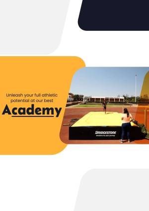 A promotional image for Bridgestone Academy featuring a running track and a person with sports equipment.
