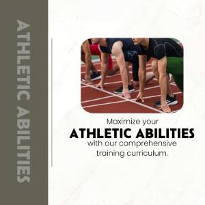 Group of athletes preparing for a race on a running track with text promoting athletic training.