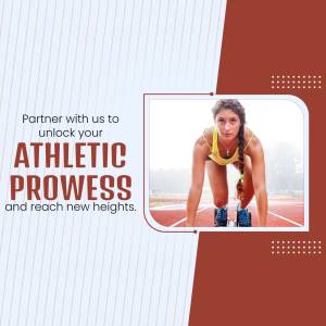Female athlete in starting blocks on a running track with text promoting athletic prowess.