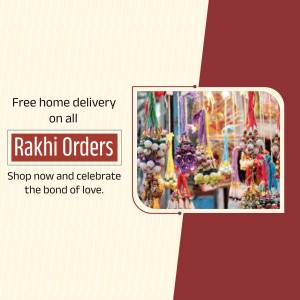 Rakhi decorations and a promotional banner for free home delivery on Rakhi orders.