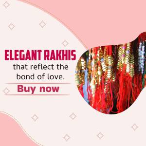 Colorful rakhis with text 'Elegant Rakhis that reflect the bond of love. Buy now'