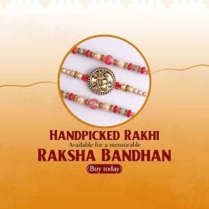 Close-up of colorful Rakhis with a decorative background and text promoting Raksha Bandhan.