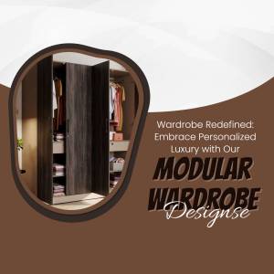 Modern modular wardrobe with clothes inside, displayed in a stylish interior setting.