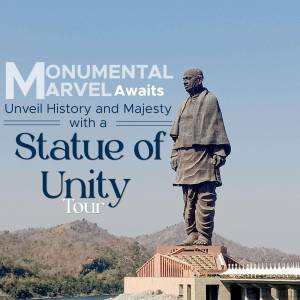 Statue of Unity with text overlay promoting tours