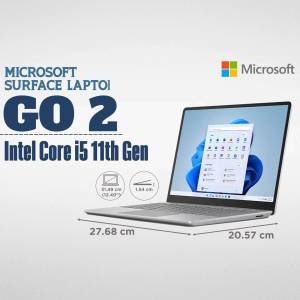 Microsoft Surface Laptop Go 2 with Intel Core i5 11th Gen processor displayed with dimensions.
