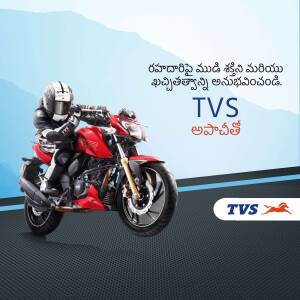 Red TVS Apache motorcycle with a rider wearing a helmet, promotional image.