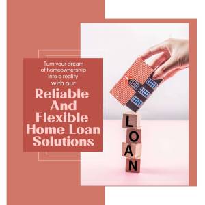 Hand placing a house model on top of building blocks spelling 'LOAN', promoting home loan services.