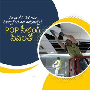 Worker installing a POP ceiling with scaffolding
