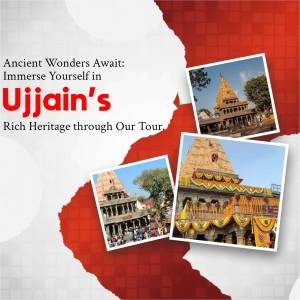 Promotional image for Ujjain tourism featuring temples and heritage sites.