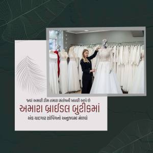 Woman adjusting a wedding dress in a bridal boutique surrounded by other gowns.