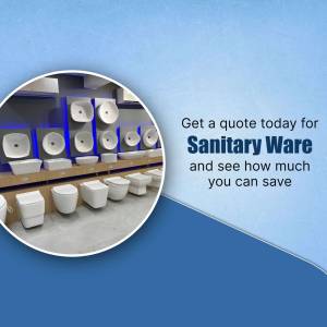 Display of modern sanitary ware including sinks, toilets, and bidets with a call to action for a quote.