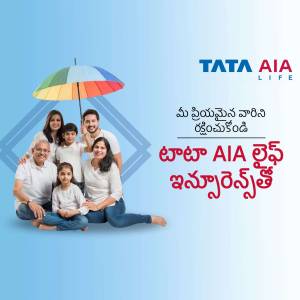 A happy family under an umbrella with the Tata AIA Life logo.