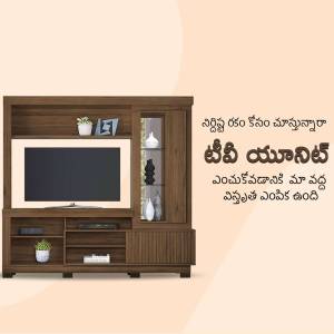 Brown wooden TV cabinet with display shelves and a flat-screen TV