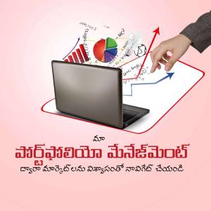 Hand pointing at data analysis charts displayed on a laptop screen with text in Telugu.