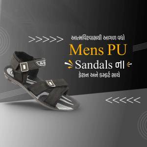 Black Men's PU Sandals on a gray background with promotional text.
