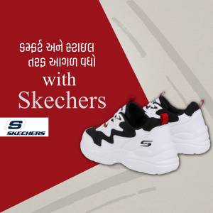 Skechers shoes on a red and gray background with text in Gujarati and English.