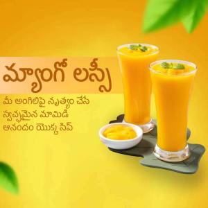 Two glasses of Mango Lassi with a small bowl of mango pulp, garnished with mango pieces.