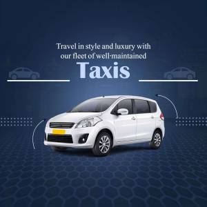 White taxi car on a blue and grey background with text promoting taxi services