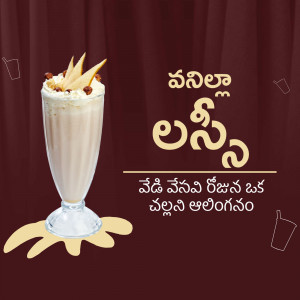 A tall glass of vanilla milkshake topped with peach slices and a swirl of cream, with decorative elements.