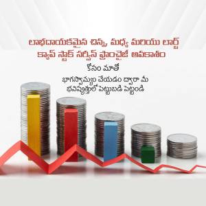 Stacked coins and bar graph representing financial growth with Telugu text.