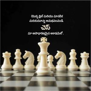 Chess pieces arranged on a chessboard with text in Telugu
