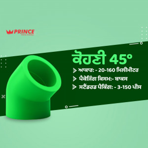 Green Prince 45 degree PVC elbow with product specifications in Punjabi