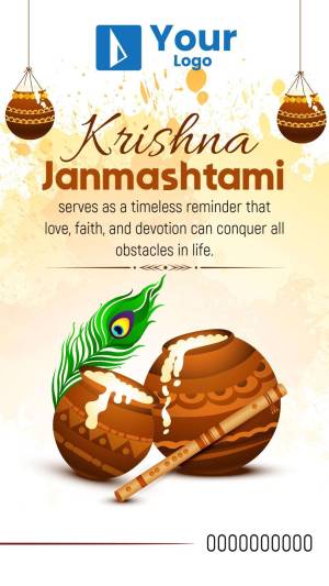 Krishna Janmashtami festive greeting with decorations and traditional elements.