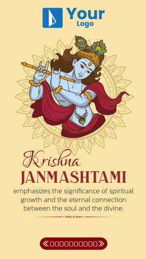 Illustration of Lord Krishna playing the flute with a floral background and text 'Krishna Janmashtami'