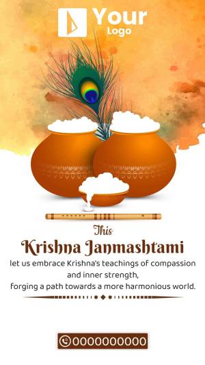 Krishna Janmashtami celebration with peacock feathers, pots of yogurt, and flute