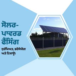 Image of a house with solar panels on the roof, framed within a hexagon on a blue background with text in Punjabi.