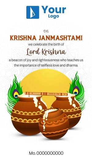 Krishna Janmashtami greeting with pots of milk and peacock feathers