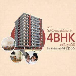 Modern apartment building with 4BHK units and interior views