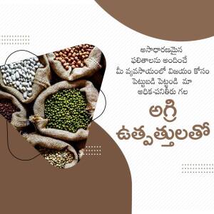 A collection of different types of pulses and legumes in small burlap sacks, arranged on a textured surface with Telugu text.