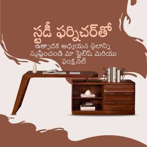 Modern wooden office desk with furniture and decorative items.