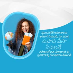 Young woman holding travel documents and a globe, promoting study visa services.