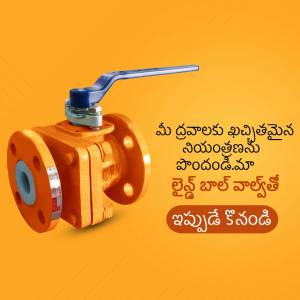 Close-up of an orange industrial ball valve with blue handle