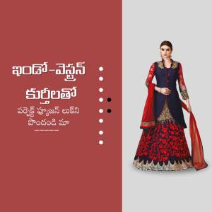Woman wearing a beautiful navy blue and red Kurti with intricate embroidery