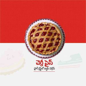 A top-down view of a cherry pie on a plate with a red and white background and decorative elements.