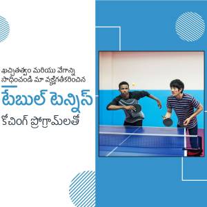 Two young men playing table tennis in a gym.