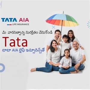 A happy family under an umbrella with Tata AIA Life Insurance branding.