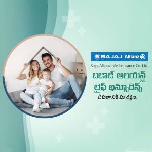 Family sitting on a couch with a house outline above them, promoting Bajaj Allianz Life Insurance.