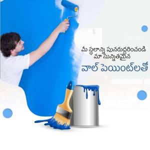 Man painting a blue wall with a roller and paint can