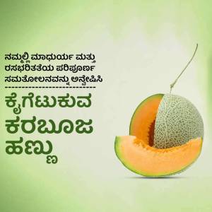 A halved cantaloupe melon with text in Kannada script