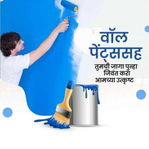 Man painting a blue wall with a roller and paint can