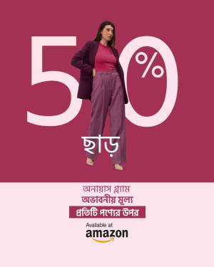 Woman in stylish outfit promoting a 50% off sale